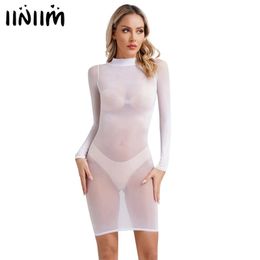 Sexy Womens See Through Bodycon Dress Clubwear Round Neck Long Sleeve High Stretchy Dress Solid Color Sexy Lingerie Dress 240402