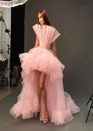 Casual Dresses Chic Strapless Pink Tulle Women Prom Dress Fashion High Low Ruffles Puffy Formal Party Gowns Pretty Appliques Waist3809483
