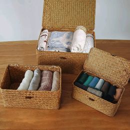 Three with LIDS handmade straw woven storage basket Makeup Organiser storage box seaweed laundry basket rattan Jewellery