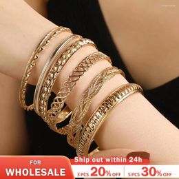 Bangle 7Pcs/Set Gold-color Metal Bangles For Women Vintage Hollow Big Circle Multi-layer Bracelet Punk Hand Jewelry Wedding Accessories