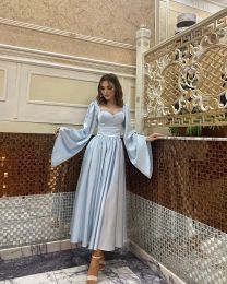 Verngo Vintage Baby Blue Silk Satin Evening Party Dresses Flare Long Sleeves Sweetheart Ankle Length Dubai Arabic Formal Gowns