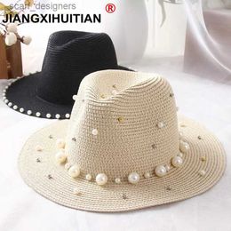 Wide Brim Hats Bucket Hats New Spring Summer Hats For Women Flower Beads Wide Brimmed Jazz Panama Hat Sun Visor Beach Hat Flower Pearl rivet Straw Hat Y240409