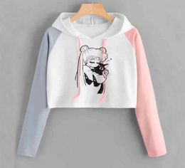 Crop Hoodies Sweatshirts Women Kawaii Clothes Long Sleeve Harajuku Sailor Moon Cat Copped Hoodie for Ladies Gils Y2007063063667