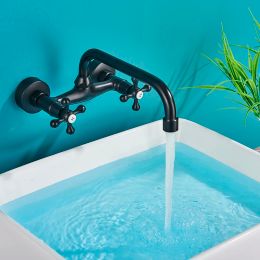 Black Kitchen Faucet Hot And Cold Water MixerFaucets Wall Mounted Tap Vessel Sink Mixer Tap Swivel Spouts Basin Mixer Tap Crane
