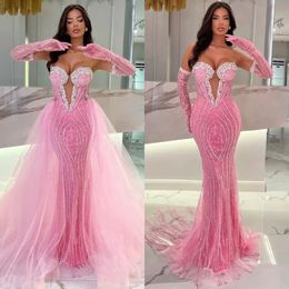 Stunning pink crystal Mermaid Evening Dresses elegant with detachable train illusion V Neck Beaded Prom dress formal dresses for women