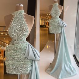 Mint green Cocktail Dress side train halter sequins Short mini prom dress Backless party homecoming graduation dresses for special occasion