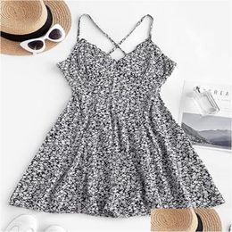 Basic Casual Dresses Zaf Womens Ditsy Floral Cami Mini Dress V-Neck Cross Back Ruched Frilled A-Line Swing Skater Beach Drop Delivery Dhs0F