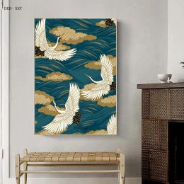 Chinese Style Nature Golden Crane Art Canvas Painting Posters Printing Abstract Animals Wall Art Pictures Living Room Home Decor