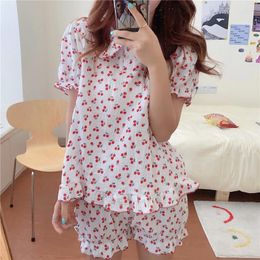 Home Clothing Alien Kitty Summer Cotton Pajamas Cherry Printe Two Piece Suits 2024 Stylish Sleepwear Women Femme Chic Loose Sets