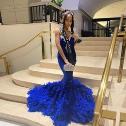 Sparkly Blue Mermaid Prom Dress 2024 Beads Crystals Feathers Graduation Party Dresses Birthday Gowns Vestidos De Gala