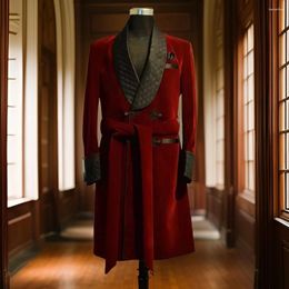 Men's Suits Long Velvet Smoking Jacket With Belt 1 Pc Mandarin Buttons Shawl Lapel Blazer For Dinner Party Male Fashion Coat 2024