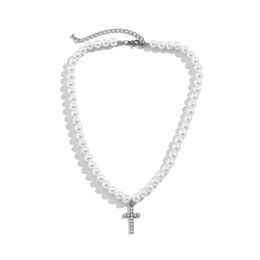 Punk Vintage Imitation-Pearl Rhinestone Cross Jesus Pendant Choker Necklace for Men Hip Hop Clavicle Chain Jewellery Steampunk New