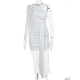 Basic Casual Dresses Y Mini Women Elegant One Shoder White Dress Female Bodycon Twisted Pleated Wrap Ladies Fashion Party Vestidos Dro Dhhaj
