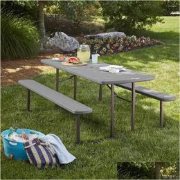 Camp Furniture Outdoor Living 6 Ft. Folding Blow Mold Table Cam Dark Wood Grain With Gray Legs Picnic Dining Tables Desk Supplies Drop Dh57E