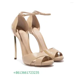 Sandals Metal Super High Heel Nude Cross Peep Toe Ankle Strap Heels Women Summer Sexy Fashion Stiletto Leather Shoe