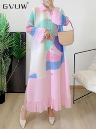 Casual Dresses GVUW Tassel Pleated Midi Dress For Women Sashes Lapel Color Block Loose Long Sleeve 2024 Spring Female Elegant Clothing