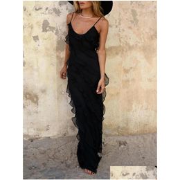 Basic Casual Dresses Women Elegant Deep V Neck Dress Y Ruffles Backless Party Club 2023 Fashion Ladies Beach Split Sundress Vestidos D Dhbko