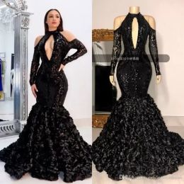 Black Tiered Skirts Prom Dresses African High Neck 3D Lace Flowers Sequined Evening Gowns Plus Size Reflective Dress Bc11333