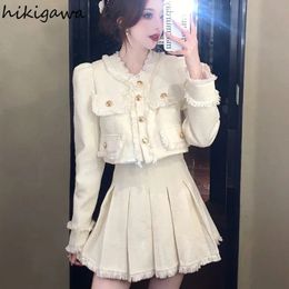 Skirt Suit Temperament 2 Piece Set Women Clothing Puff Sleeve Crop Jackets High Waist Pleated Mini Skirts Outfits Roupas Femme 240401