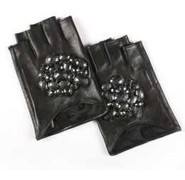 Fashion2018 Rhinestone Inlay Fingerless Leather Gloves Casual Trendy High Quality Autumn Women Allmathch BE4895992805