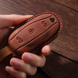 Retro Crazy Horse Leather Car Key Case Cover Keyring Holder for Tesla Model 3 Model X Model S Model Y Keychain Holder Fob Shell