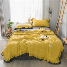 Bedding Sets 2024 Pure Color Korean Summer Washed Cotton Brushed Blanket Style Lotus Edge Simple Airable Cover