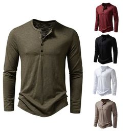 Men's T-Shirts Mens Cotton Button Henley neck Shirt Long Sleeve Casual Button Solid Colour Fashion T-ShirtsL2404