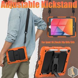 For iPad 10.2 inch 7th 8th 9th Gen Case Silicone PC Hybrid Rugged Shockproof Kids Safe Cases Adjustable Kickstand Tablet Cover with Shoulder Strap+Screen PET Film