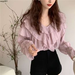 Chiffon Long Sleeved Shirt Spring Autumn New High-end Design Thin and Irregular Ruffled Layered Top