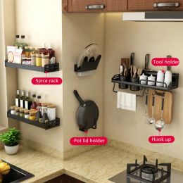 Black Wall-mounted Kitchen Shelves Perforation-Free Multifunctional Spice Storage Rack Storage Holder Kitchen Supplies