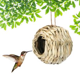 Hand-Woven Bird House Natural Grass Bird Nest Shelter Hut Small Bird Hideaway Outside Sparrows Hanging Parrot Nest Houses Pet