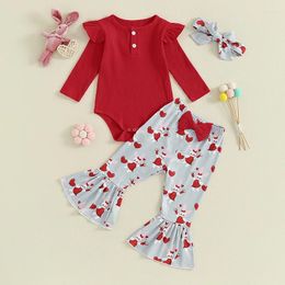 Clothing Sets BeQeuewll Baby Girls Fall Outfit Long Sleeve Crew Neck Romper With Print Flare Pants And Headband Set