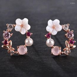 Stud Earrings Cute Gold Color Statement Flower Jewelry Trendy Zircon Crystal Pearl Ear Studs For Women Wedding Gift