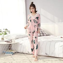 Home Clothing Women Autumn V-neck Print 2-pcs Pajama Sets Floral Long Sleeve Sleep Wear Casual