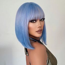 Blue Ombre Synthetic Natural Wigs Short Bob Cosplay Wig with Bangs Blue Straight Wig Daily Party Wigs Heat Resistant for Women