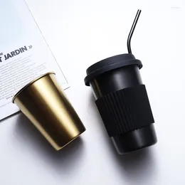 Mugs 1pc Stainless Steel Mug Portable Coffee Cup With Straw Silicone Lid Black Hand Milk Home Office INS Drinkware