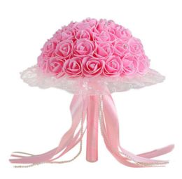 Decorative Flowers Wreaths Wedding Bouquet Bridal Artificial Rose Silk Flower With Ribbons Pearls Rhinestone Event Party Decor6227532