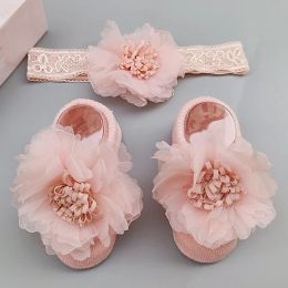 2Pcs Baby Socks Headband Set Lace Flower Bows Newborn Girl Socks with Rubber Soles Anti Slip Infant Toddler Ankle Floor Socks