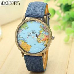 Women's Watches 2022 Fashion Global World Map Plane Denim Fabric Band Watch Casual Men Women Wristwatches Quartz Watch Gift Horloges Relgio 240409