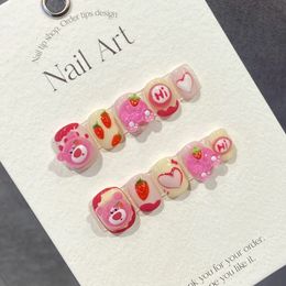Handmade Cute Press on Nails Pink Short Kawaii 3d Design Reusable Adhesive False Acrylic Artificial Manicure for Girls 240328