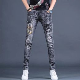 Jeans Free Shipping New Fashion Men's Male Casual Thin Spring Printed Embroidery Jeans Brand Stretch Pants Trend Personality Trousers