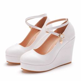 Dress Shoes Crystal Queen White Platform Wedges Pumps Women High Heels Round Toe Cross Ankle-Strap Large Sizes H240409 XM3O