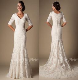 Ivory Vintage Lace Mermaid Modest Wedding Dresses With Half Sleeves V Neck Elbow Sleeves Length Temple Wedding Gowns Vestido De No2747848