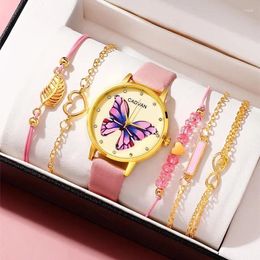 Wristwatches Women Fashion Casual Pink Leather Belt Watches Ladies Starry Sky Butterfly Dial Quartz Dress Clock