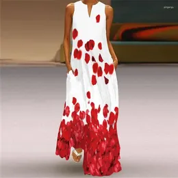 Casual Dresses Selling 3D Petal Print White And Red Flower V-neck Sleeveless Ankle-length Dress In Europe America