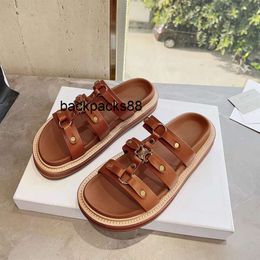 Slide Summer c for Arch Slippers Women Triumphal Womens Spring 2024 New Three Belt Riveted Open Toe Thick Sole Straight Line Outer Wear Genuine Leather SU21