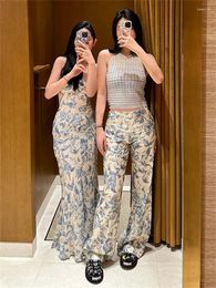 Women's Pants Women Vintage Blue Floral Printed Spring 2024 Ladies High Waist Straight Sweet Flare Long Trousers