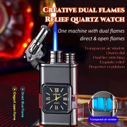 Hot Selling Creative Double Flame Windproof Butane Without Gas Metal Lighter Camping Outdoor Portable Cigar Lighter Men's High End Gift