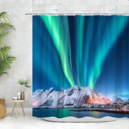 Scenic Shower Curtain, Aurora Ocean Forest Waves Nature Landscape Oil Painting Spring Flowers Wildflowers Home Bathroom Decor