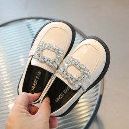 Sneakers Children's Beige Round Toe Girls Leather Shoes Rhinestone Slipon Casual Korean Elegant Glossy 2023 Spring New Antislip Loafers